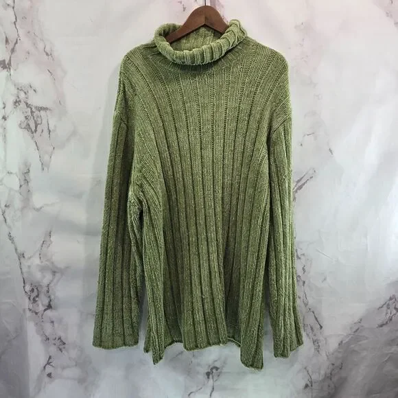 Vintage Y2K Sweater Women 3X Green Chenille Cable Knit Turtleneck Oversized - Picture 1 of 14